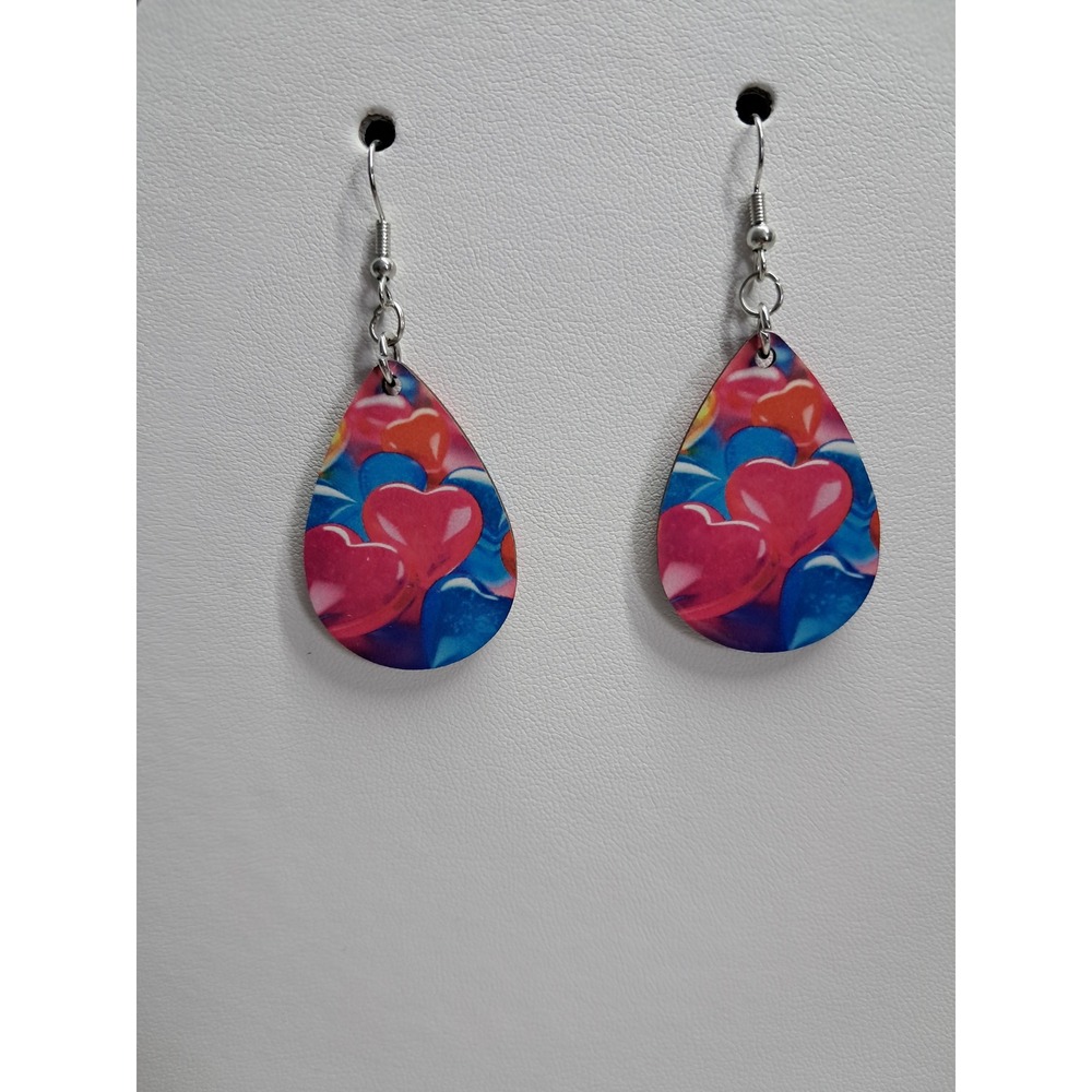 Handmade Colorful Heart Print Teardrop Earrings Pink Blue Valentine Drop Jewelry